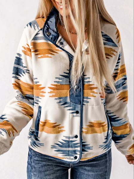Women's Geometric Print Pocket Button Front Zipper Polar Fleece Spring Jacket, Casual Stand Collar Long Sleeve Coat for Fall & Winter, Women's Clothes for Daily Wear, Jackets & Coats, Fall Outfits, Fall Clothes, Preppy 80s Clothes - Seldom Seen Styles