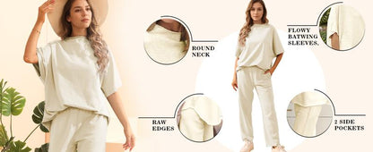 Songling Women Casual Two Piece Outfits 3/4 Batwing Sleeve Capelet CrewNeck Pullover Top Wide Leg Pants Lounge Sets Sweatsuit