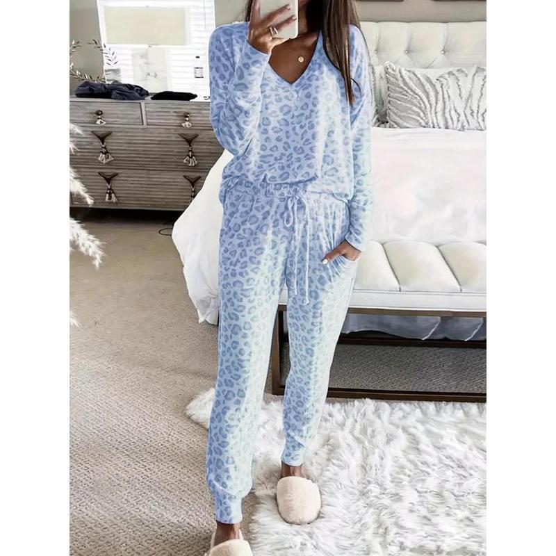 Two-piece Set Women's Leopard Print Drop Shoulder Top & Drawstring Pants Pyjama Set, Soft Casual Comfortable Long Sleeve Top & Pocket Trousers Pj Set, Women's Sleepwear for Spring & Fall, Glam Lounge Wear, Loungesetwomen, Pajamas, Womenswea Fit Loungewear - Seldom Seen Styles