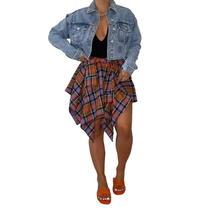 Women's Fashion Style Plaid Print Asymmetrical Hem High Waist Skirt, Casual Comfort Elastic Waist Tiered Layer Knee Length Skirt for Summer Going Out Streetwear, Fashionable Trendy Plaid Skirt, Womenswear Everyday Bottom
