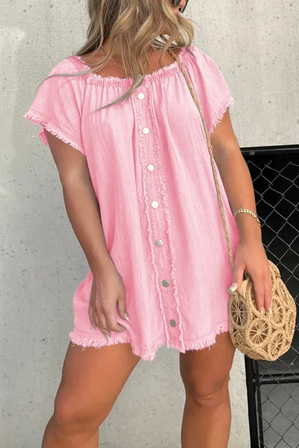 Fashionable Off Shoulder Short-sleeved Loose Denim Mini Dress - Seldom Seen Styles
