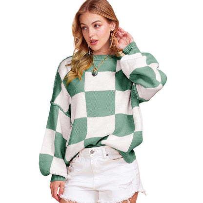 Leisure Style Plaid Printed Long-Sleeved Top Women's Autumn New Warm Pullover Crew Neck Sweater