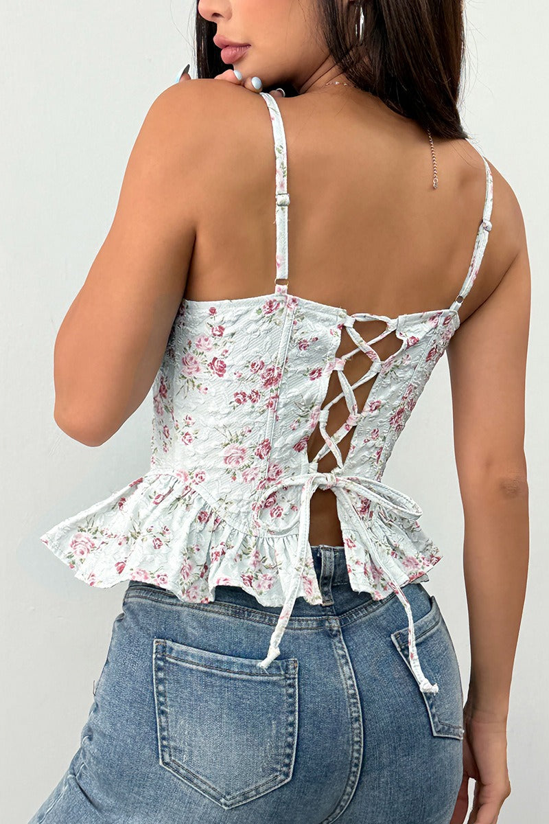 Women's Floral Ditsy Print Spaghetti Strap Cami Top Irregular Ruffle Hem Tie Detail Slim Fit Sleeveless Summer Casual Boho Going Out Top - Seldom Seen Styles