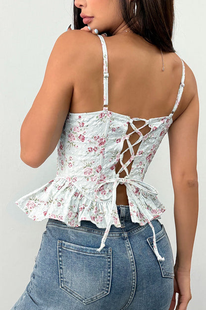Women's Floral Ditsy Print Spaghetti Strap Cami Top Irregular Ruffle Hem Tie Detail Slim Fit Sleeveless Summer Casual Boho Going Out Top