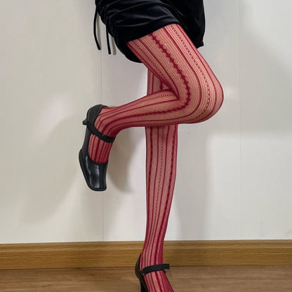Spring and Autumn Striped Dark Red Millennium Hot-Selling Slimming Stockings Retro Dark Pattern Hot Girl Versatile Thin Pantyhose