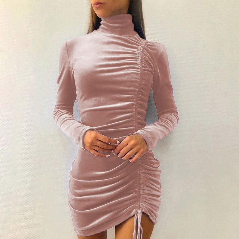 Suede Drawstring Turtleneck Dress Women's Fall Winter Fashion Long Sleeve Skinny Sheath Formal Dress