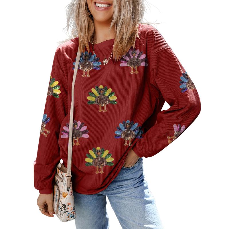 Women's Thanksgiving Sweatshirt with Sequin Turkey Graphic Corded Baggy Long Sleeve Winteroutfit Round Neck Casual Tops for Comfortable Wear - Seldom Seen Styles