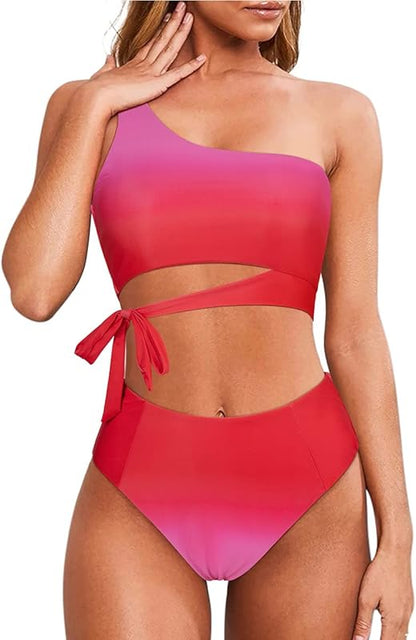 Women One Shoulder High Waisted Bikini Tie High Cut Two Piece Swimsuits - Seldom Seen Styles