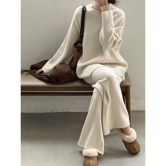 【Plus Size】 Two-Piece Set Solid Mock Neck Drop Shoulder Split Hem Sweater & Straight Leg Pants