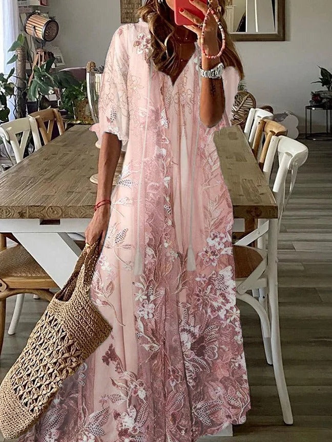 Lace Floral Print V Neck Casual Loose Half Sleeves Maxi Dress - Seldom Seen Styles