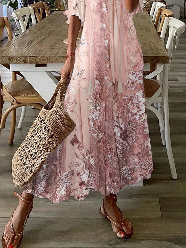 Lace Floral Print V Neck Casual Loose Half Sleeves Maxi Dress - Seldom Seen Styles