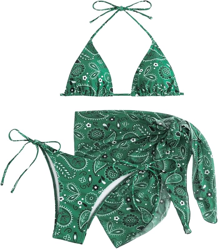 Bikini Sets for Women Paisley Print Halter Triangle Bathing Suit 3 Piece Swimsuit with Sarong Cover Up - Seldom Seen Styles