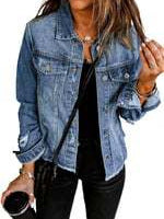 Women's Jean Jackets Casual Non Stretch Boyfriend Washed Coats Distressed Ripped Lapel Long Sleeve Denim Outwear Tops 2025 Spring Womenswear Outfits Dealsforyoudays - Seldom Seen Styles