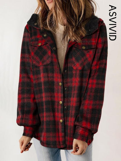 Women's Plaid / Houndstooth Print Button Front Hooded Coat, Casual Long Sleeve Pocket Coat for Fall & Winter, Ladies Outerwear for Daily Wear