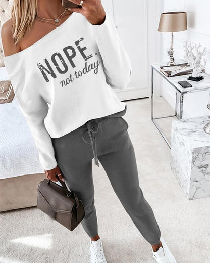 Women's 2 Piece Outfit Nope Not Today Print Skew Neck Long Sleeve Pullover Top with Stretchy Waist Long Pants Tracksuit Jogger Set