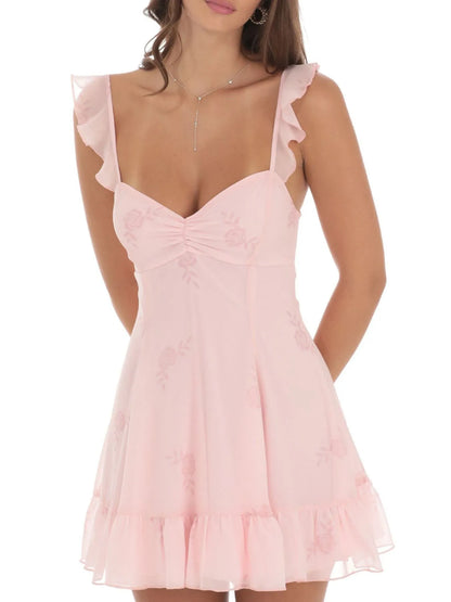 Geblümtes, herzförmiges, gerüschtes Cami-Minikleid