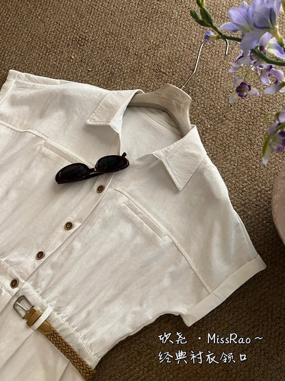 French Style Collared Short Sleeve Shirt Dress A-Line Midi Dress with Woven Belt Included White Black Khaki
