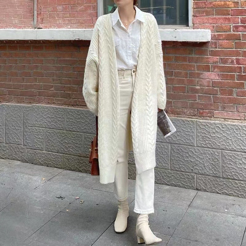 Fall 2024 Cross-Border New Arrival Long Knitted Cardigan Long Sleeve Idle Style Cable-Knit Sweater Outerwear Coat Women's Clothing