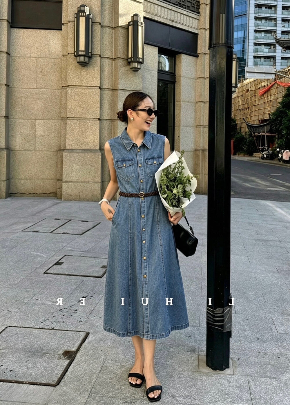 Women's Light Blue Denim Sleeveless A-Line Midi Dress Gold Button Dual Chest Pockets with Free Braided Belt S M L XL - Seldom Seen Styles
