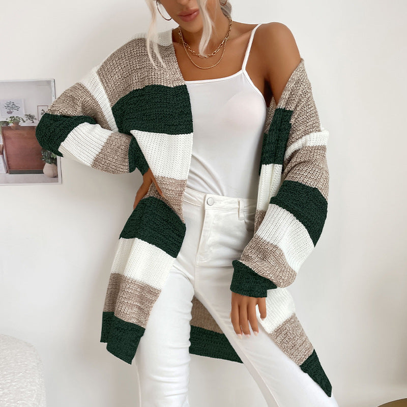 Independent Station Cross-Border E-Commerce Exclusively for Foreign Trade Autumn and Winter Hot Products European and American Women's Clothing Long Non-Button Colorblock Sweater Coat