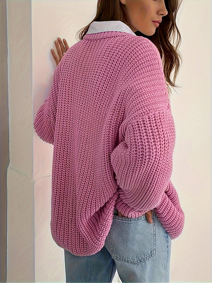 Solid Crew Neck Pullover Sweater, Casual Long Sleeve Loose Knitted Sweater For Fall & Winter, Women's Clothing