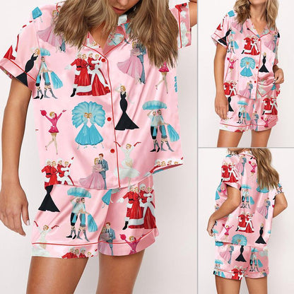 White Christmas Satin Pajama Set For Women Print Comfy Satin Sleepwear & Loungewear Pjs Printing Short Sleeve Top & Shorts - SHESHOW