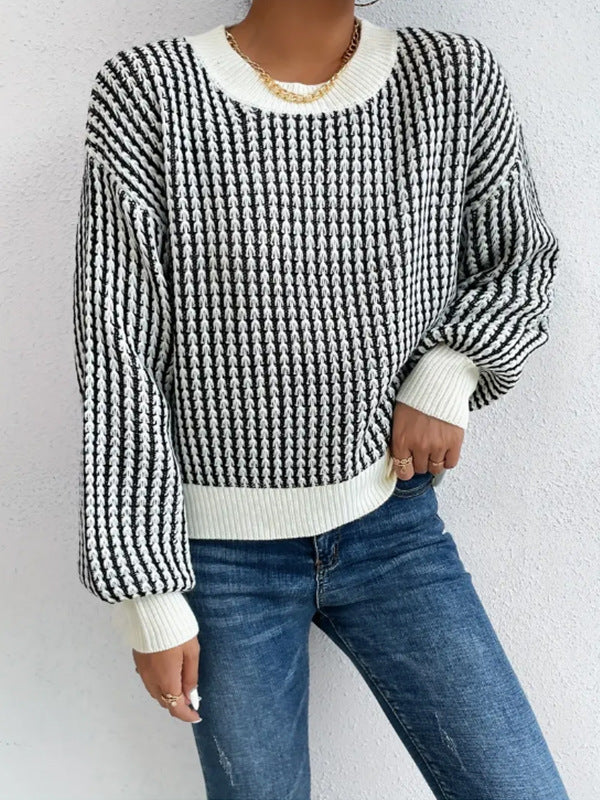 spring  autumn thread pullover round neck sweater  women's  Vertical stripe  casual knitted shirt