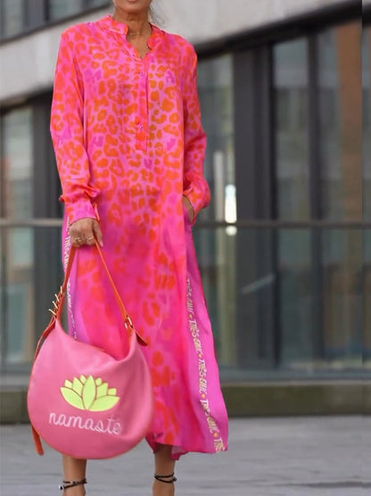 Women's Leopard Print Long Sleeve Split Maxi Dress V Neck Button Flowy Long Dress with Pockets Fashion Streetwears