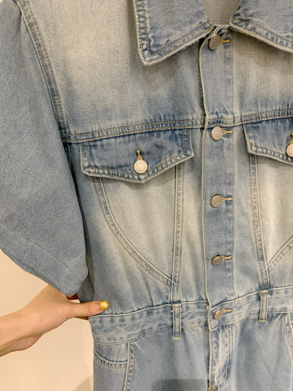 Women's Light Blue Washed Denim Short Sleeve Lapel Collar Silver Button Mini Dress Waist Cinching Dual Chest Pockets Side Pockets S M - Seldom Seen Styles