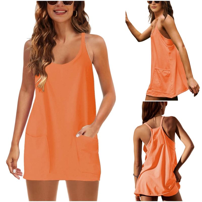 Women's Summer Sleeveless Mini Dress V Neck Spaghetti Straps Athletic Built-in Shorts Sundress