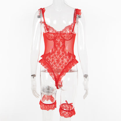 Women Sexy Lingerie Bodysuit Floral Lace Teddy Babydoll Snap Crotch Ruffle One Piece with Thigh Bands