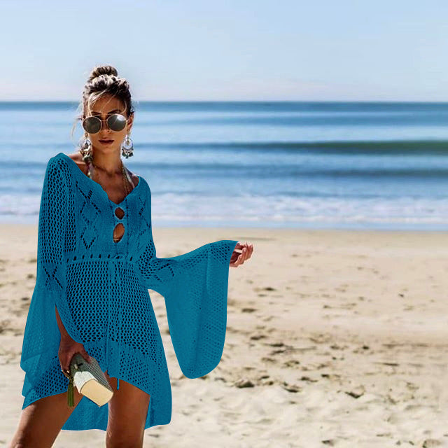 Hollow-out Sun Protection Shirt Bell Sleeve Beach Cover-up Bikini Cover  Hot Knitwear Swimsuit