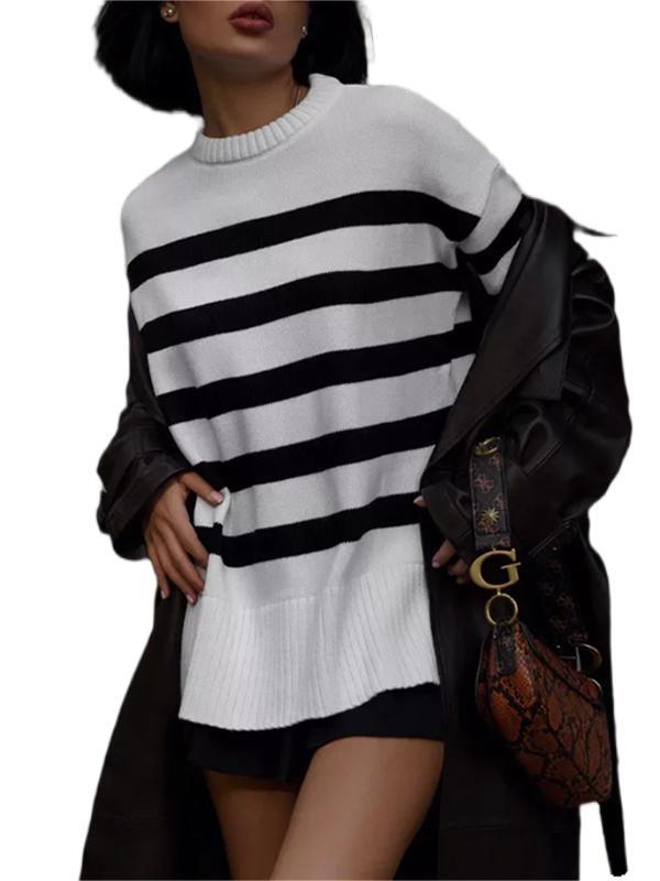 round Neck Contrast Color Knitted Striped Sweater Women 2024Autumn and Winter Women's Clothing  Pullover Loose