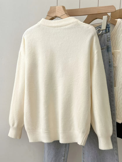 Bear Pattern Crew Neck Sweater, Casual Long Sleeve Sweater For Fall & Winter, Women's Clothing