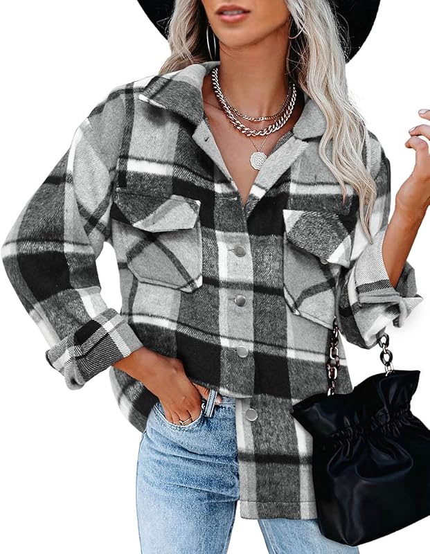 BTFBM Women Shacket Jacket Long Sleeve Button Down Casual Plaid Flannel Shirts Loose Fall Spring Blouses Tops