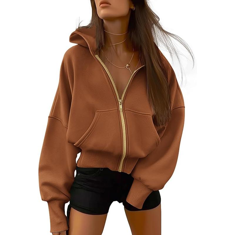 Women's Gold Zipper Hoodie Long Sleeve Fleece Y2K Style Casual Sweatshirt with Pockets for Fall Winter Clothes - Seldom Seen Styles