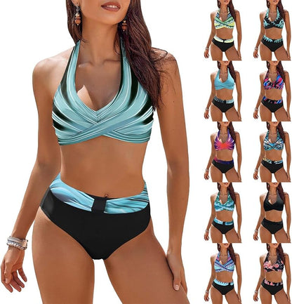 Womens Bathing Suits Tummy Control Swimsuits Color Block High Waisted Bikini Sets 2 Piece V Neck Swimwear - Seldom Seen Styles