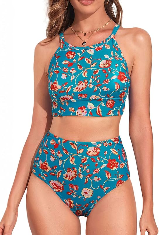 Women's Bikini Sets High Neck Tropical Leaf Print High Waisted Two Pieces Swimsuits Bathing Suits - Seldom Seen Styles