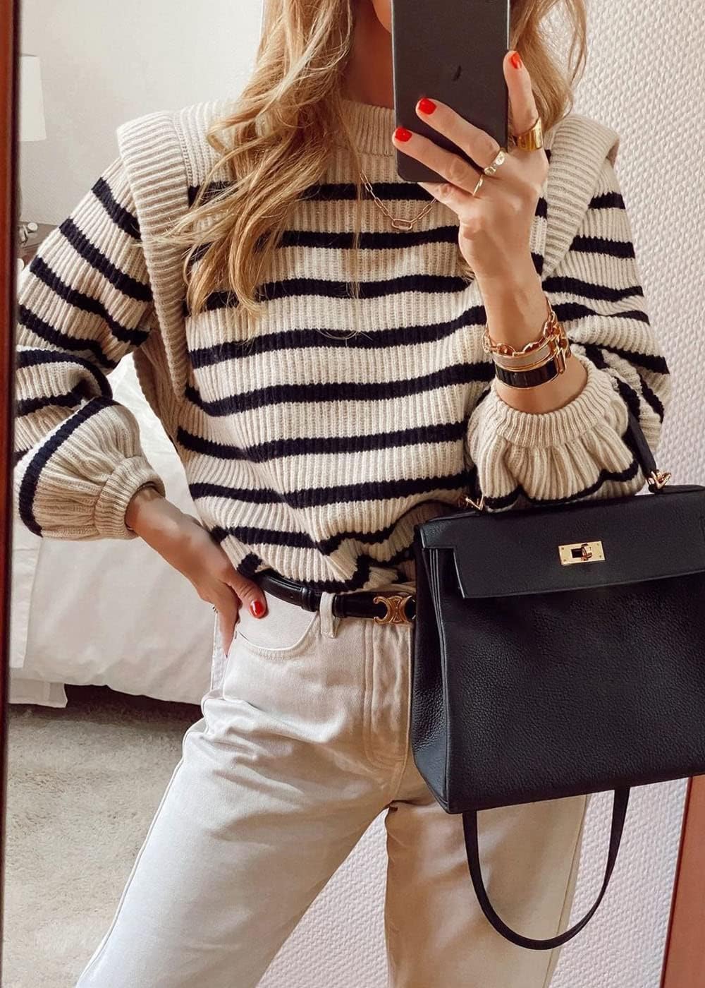 PRETTYGARDEN Women Sweaters Casual Long Lantern Sleeve Crewneck Ribbed Knit Pullover Striped Jumper Tops Blouse