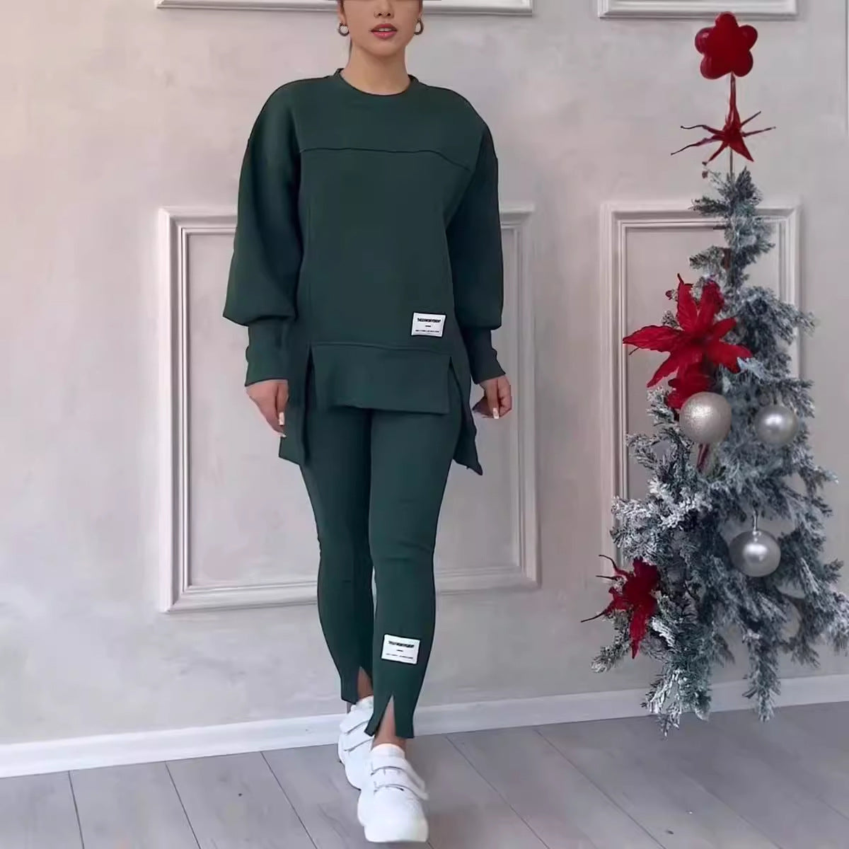 Women's Casual Solid Color Round Neck Long Sleeve Slit Hem Sweatshirt Leggings Set - Seldom Seen Styles