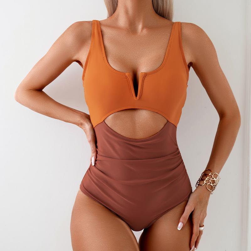 Women's V Neck Tied Cutout Contrast Classic One-Piece Swimsuit - Seldom Seen Styles