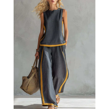 2026  Blend Two Piece Set for Women Sleeveless Color Block Top Wide Leg Pants Set Casual Summer Outfit # Set # WideLegPants # ColorBlock # SummerOutfit # BohoFashion # CasualWear # Outfit of the Day # WomensFashion