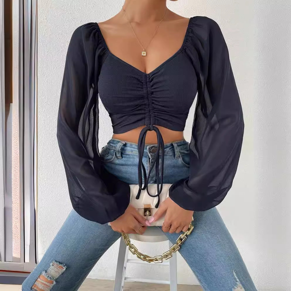 2024Amazon AliExpress Sommer NewVCollar Chiffon Kordelzug Laterne Ärmel Skinny Fashion Sexy Shirt Top 