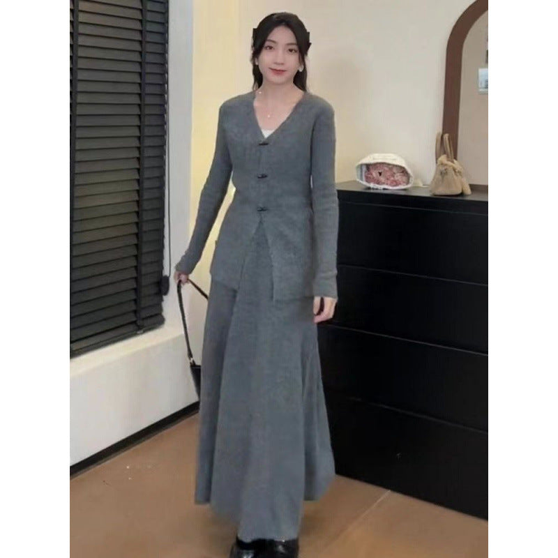 Spring and Autumn Match a Set of GentleVCollar Knitted Sweater+Two-Piece Skirt2024New Elegant Outfit