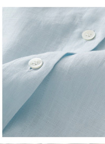 Light Blue Linen Short Sleeve Button Down Shirt Dress Collared Loose Fit Casual Midi Dress