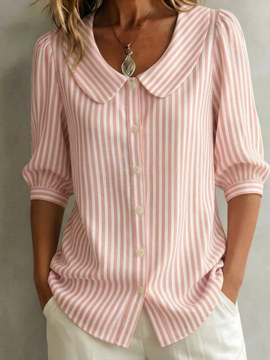 Women's Striped Blouse Peter Pan Collar Button Up 3/4 Sleeve Casual Shirt - Seldom Seen Styles