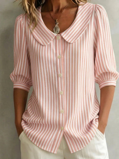Women's Striped Blouse Peter Pan Collar Button Up 3/4 Sleeve Casual Shirt