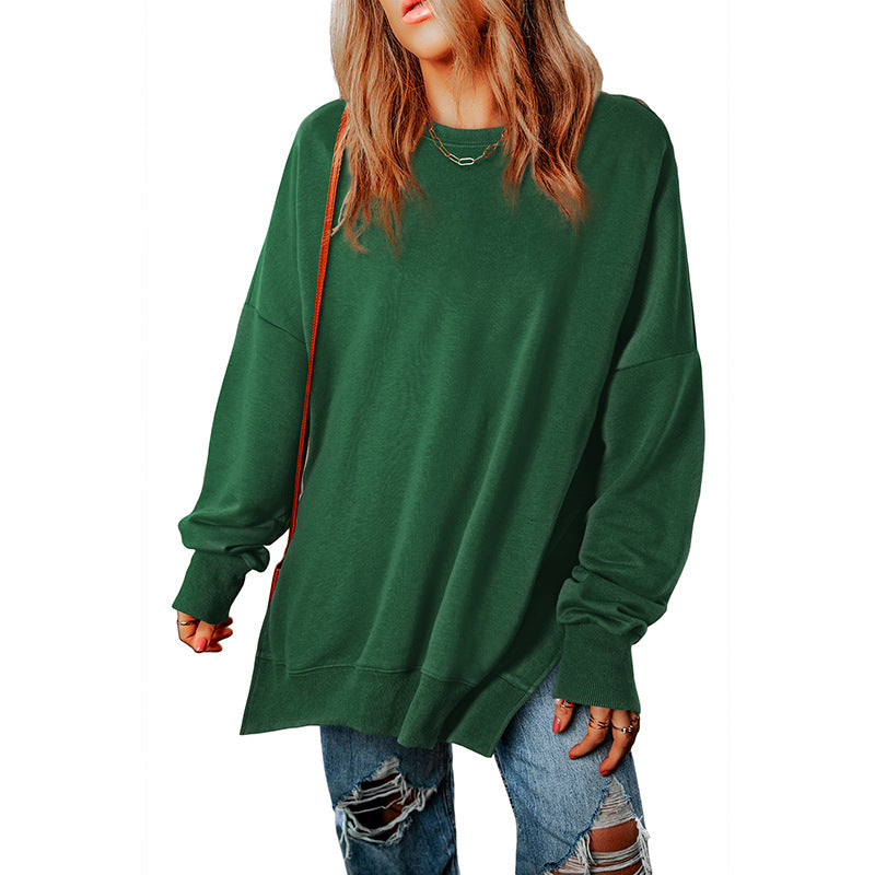 Autumn New Pure Color round-Neck Pullover Women's European and American Leisure Style All-Match Super Long Flab Hiding Long-Sleeved Top for Women