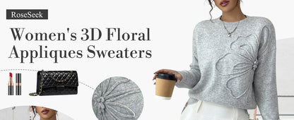 Women's 3D Floral Appliques Crewneck Sweaters Long Sleeve Drop Shoulder Pullovers Elegant Knit Tops