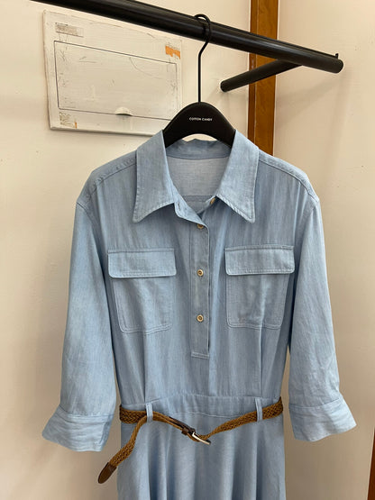 Women's Denim Short Sleeve Lapel Collar Gold Button Belted A-Line Maxi Dress Dual Chest Pockets with Free Braided Belt Dark Blue Light Blue S M Cotton Candy 288563